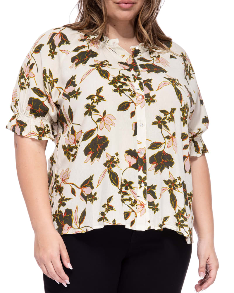 Plus size model wearing Leah Button Down Ruffle Blouse by B COLLECTION BY BOBEAU CURVY | Dia&Co | dia_product_style_image_id:190876